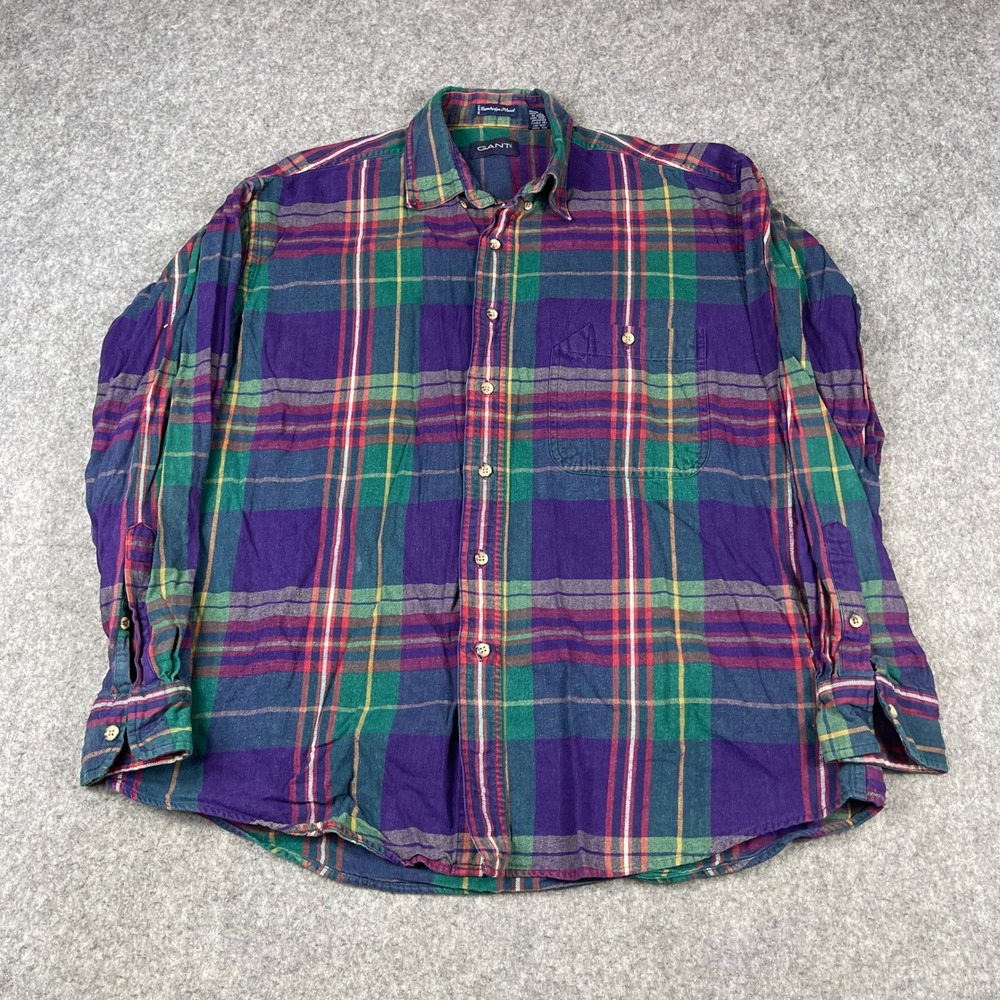 Vintage Gant Cambridge Flannel Shirt Mens XL Purple Green Plaid Long Sleeve